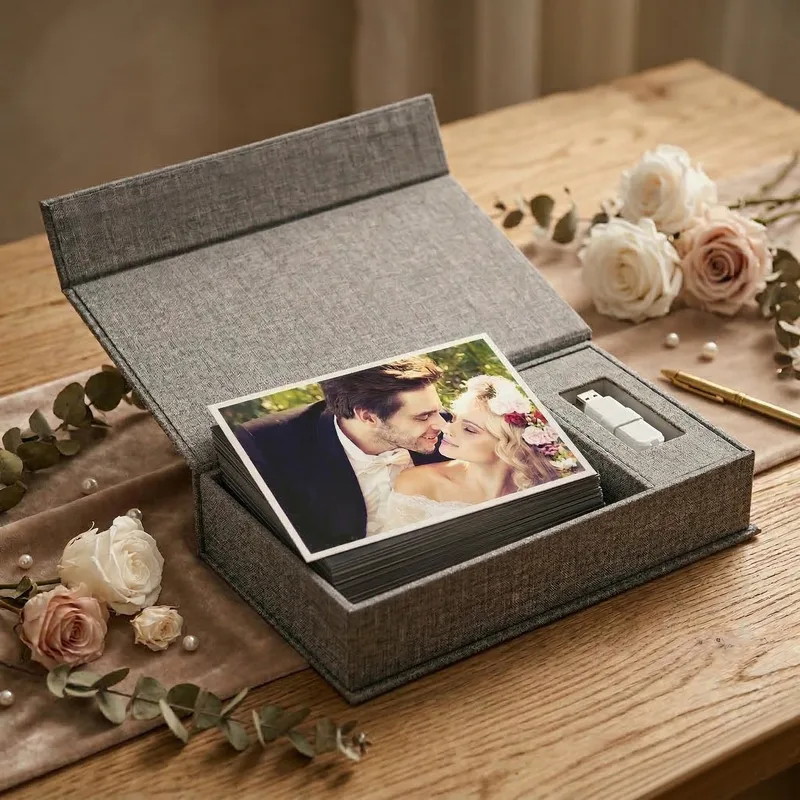 Látková krabička s fotografiou svadobného páru a USB kľúčom